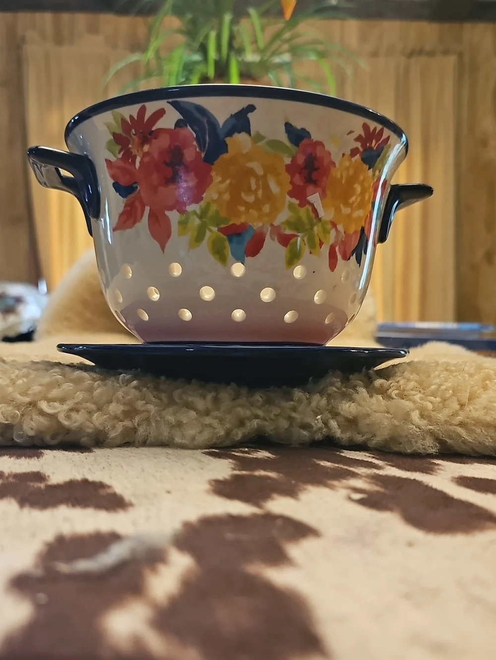 Ceramic Floral Colander with Matching Drip Tray - Multicolor